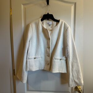Nordstrom Rack Size Large Ivory Structured Tweed Jacket Blazer Gold Buttons